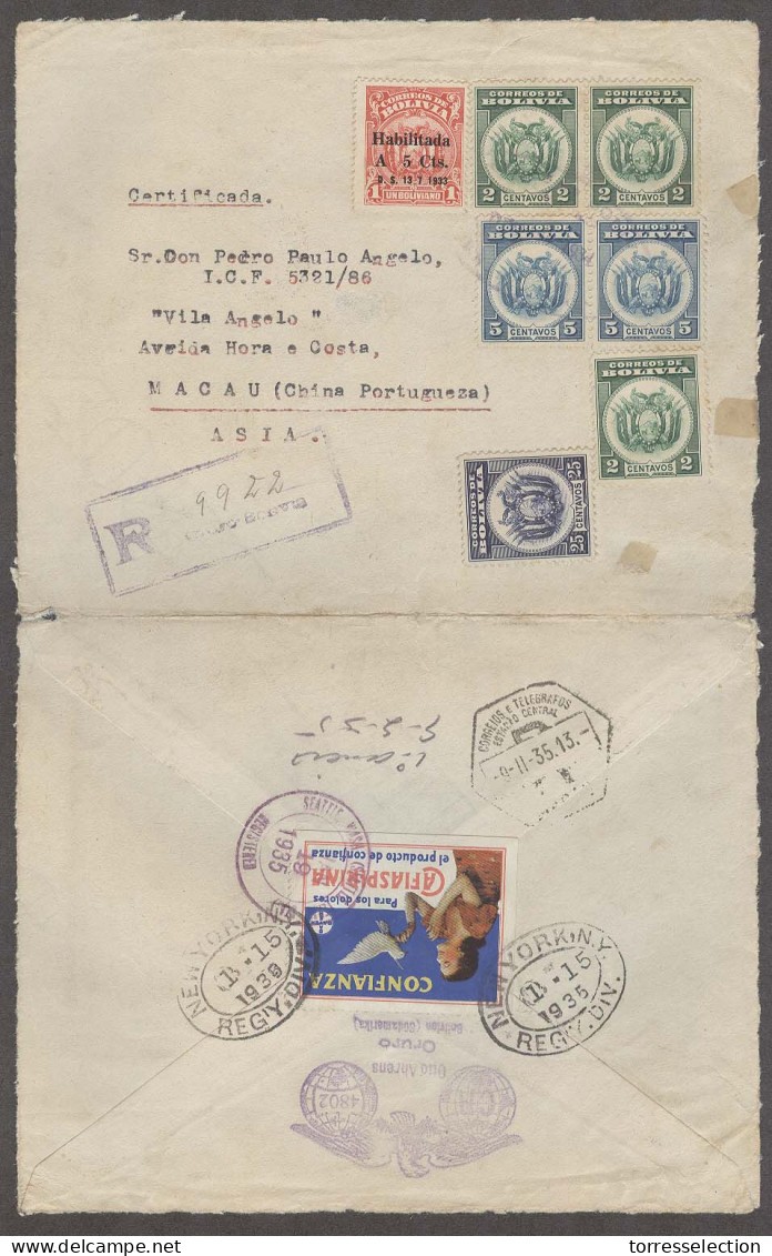 BOLIVIA. 1935. Oruro - Macau, China Portuguesa, Asia (9 Feb 35). Reg Multifkd Env 42c Rate Tied Color Cafiaspirina Bayer - Bolivie