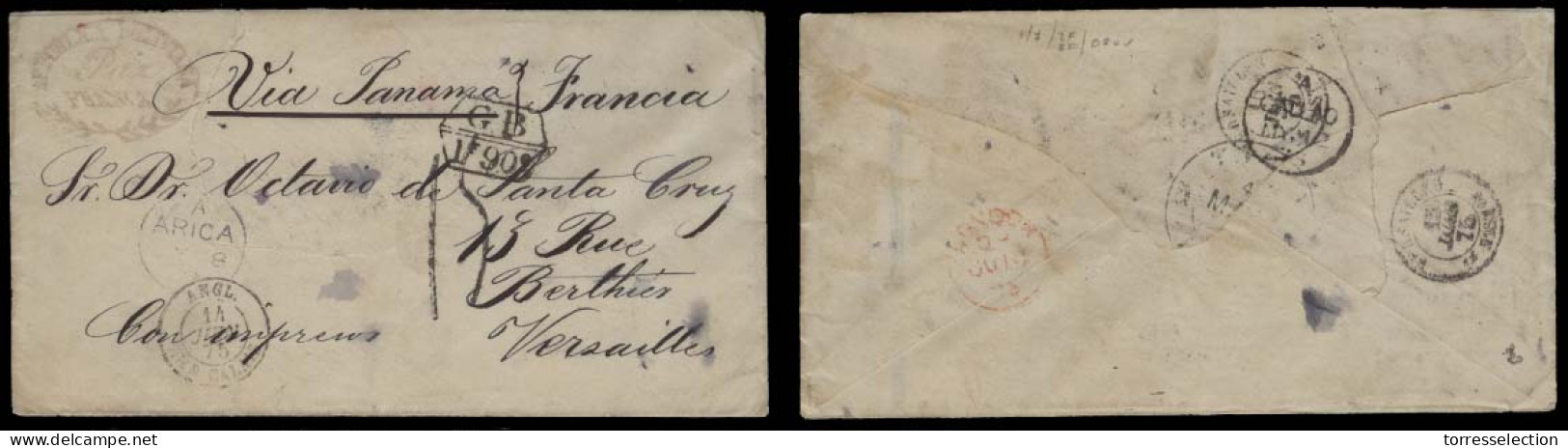 BOLIVIA. 1875 (April). La Paz - France / Versailles. Stampless Env Oval Lilac Franca / Paz + BPO. Arica + Callao + Tacna - Bolivie