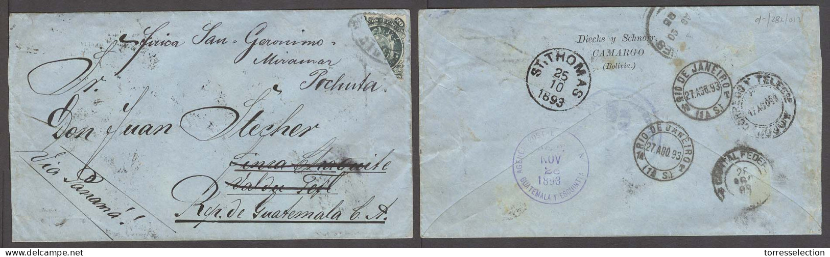 BOLIVIA. 1893. Camargo - Guatemala / Finca Miramar / Pochula (28 Nov). Fkd Env 20c Green Diagonally Bisected Oval Pmk. V - Bolivie