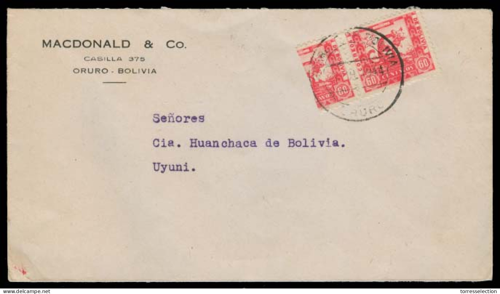 BOLIVIA. 1944. Oruro - Uyuni. Bisect Usage. Fkd Env Tied. Fine. - Bolivien