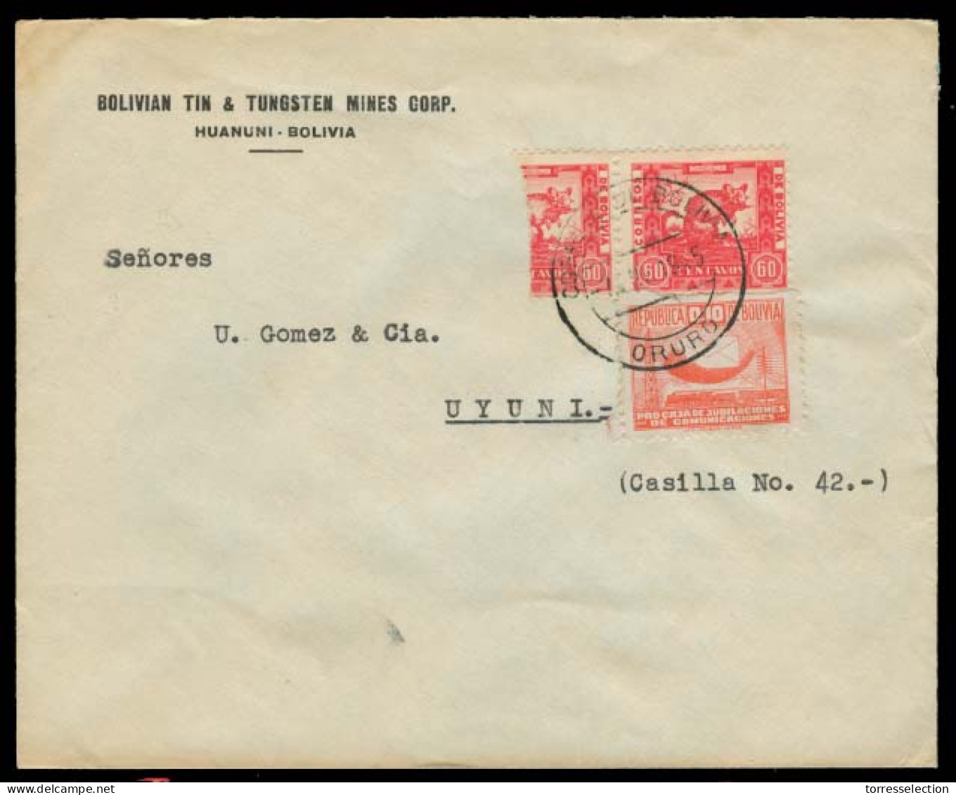 BOLIVIA. 1919. Huanuni - Uyuni. Fkd Env. Bisect Usage. Fine. - Bolivie