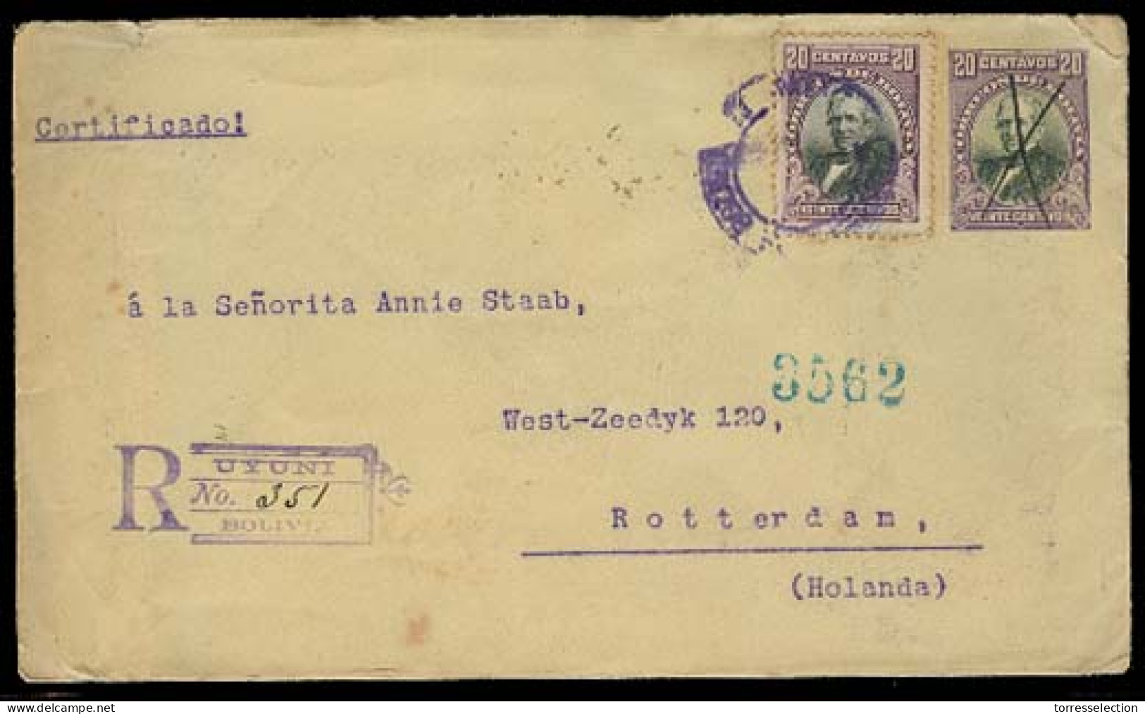 BOLIVIA. 1906. Uyuni - Netherlands. Reg 20c Lilac Stat Env + Adtl + R-pmk. Via Jujuy. Fine. - Bolivie