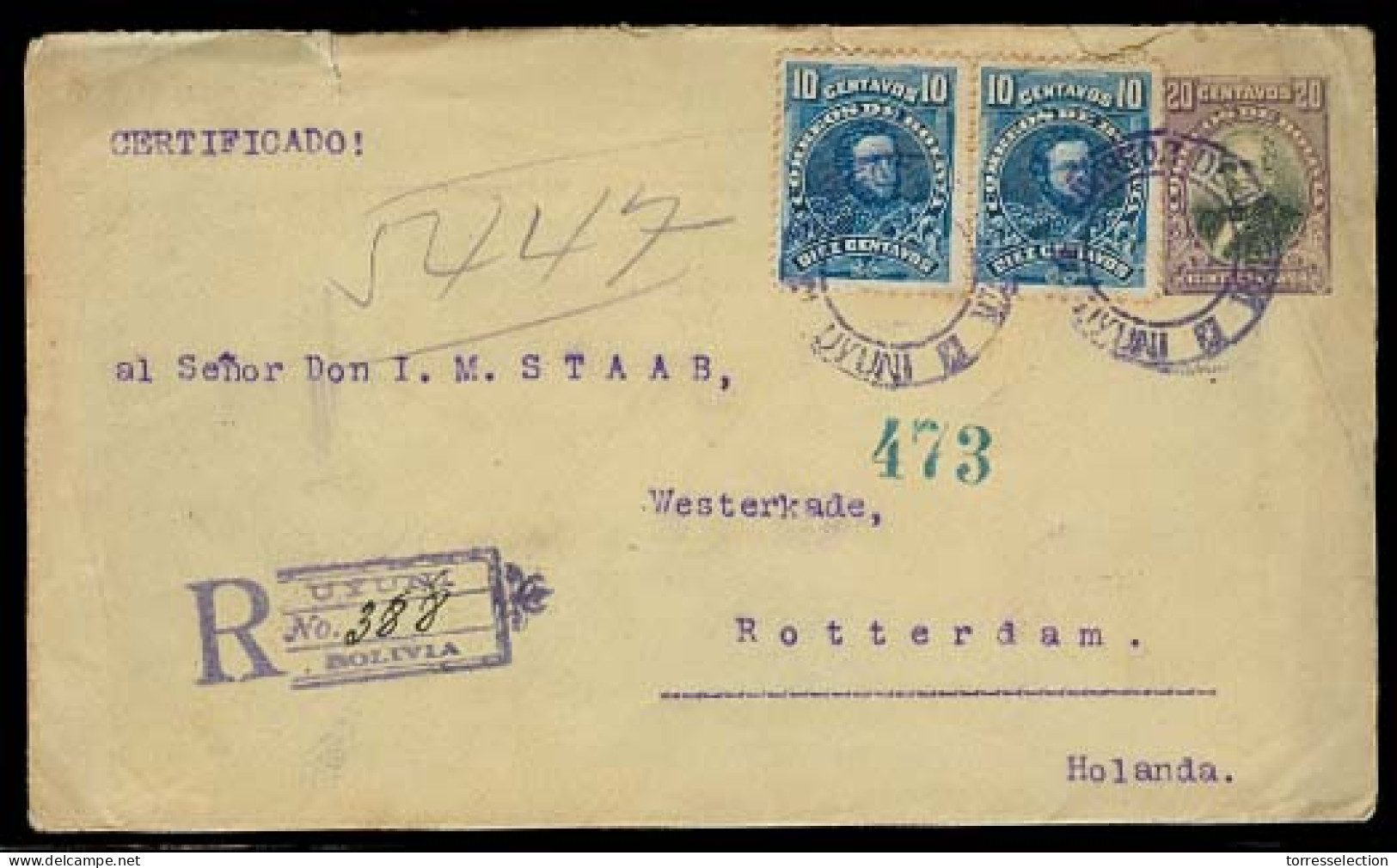 BOLIVIA. 1906. Uyuni - Netherlands. Reg 20c Stat Env + 2 Adtls. Via Antofagasta Reverse. Fine. - Bolivie