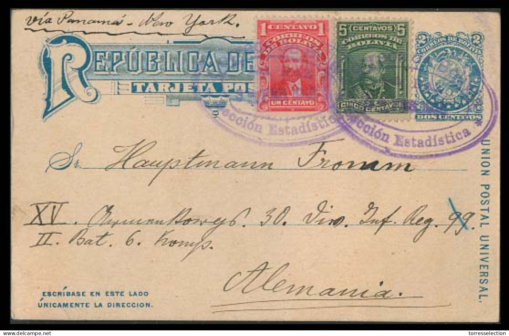 BOLIVIA. 1915. La Paz - Germany. 2c Stat Card + Adtls Oval Violet Seccion Estadistica Cachet. Unusual. - Bolivie