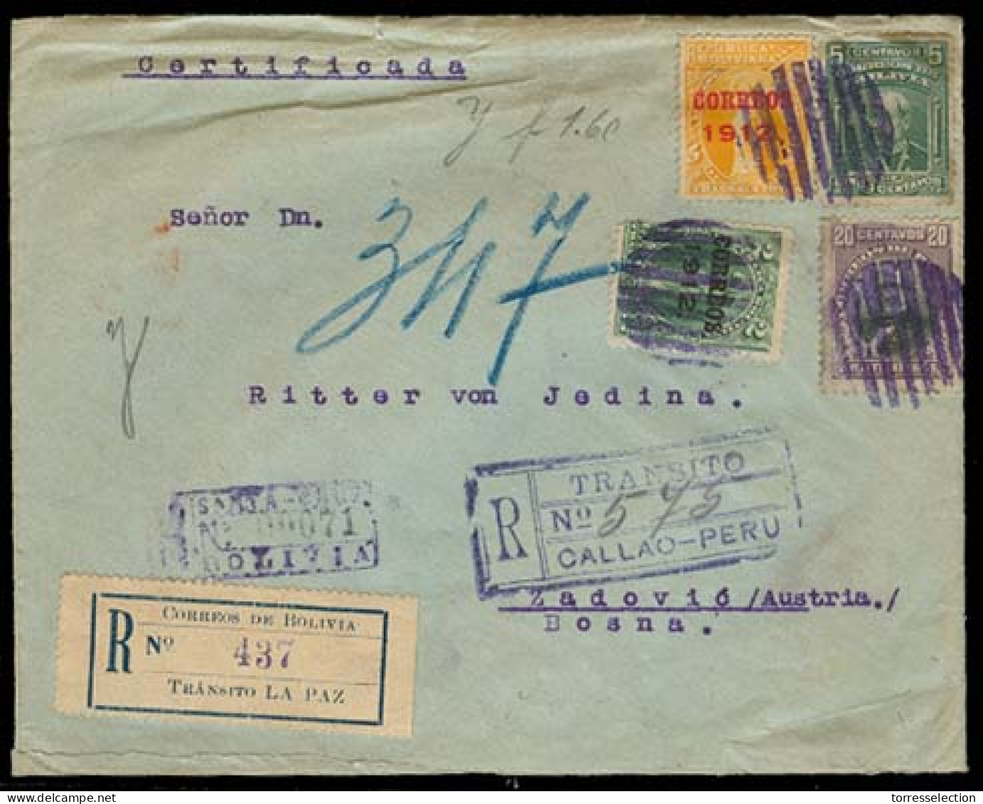 BOLIVIA. 1914. Santa Cruz - Bosnia / Zadovic.  Registered Multicolor Env. Via La Paz - Peru/Callao. V Rare Dest Mail. - Bolivie