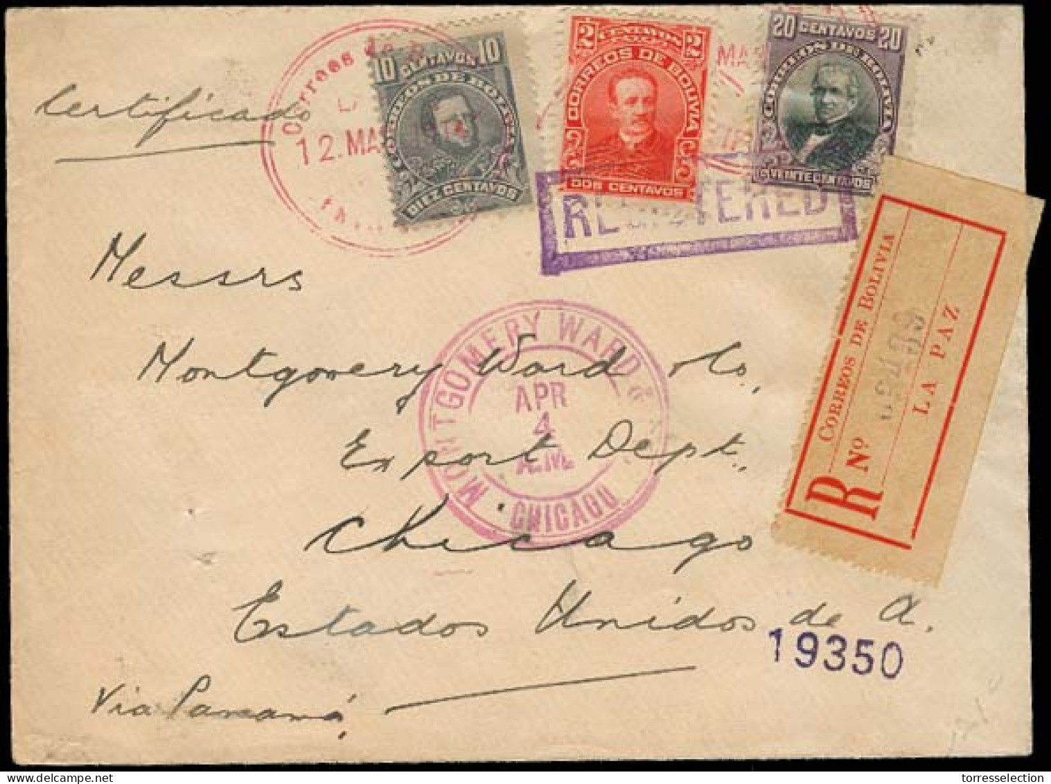 BOLIVIA. 1914. La Paz - USA. Registered Tricolor Fkg. Nice. - Bolivie