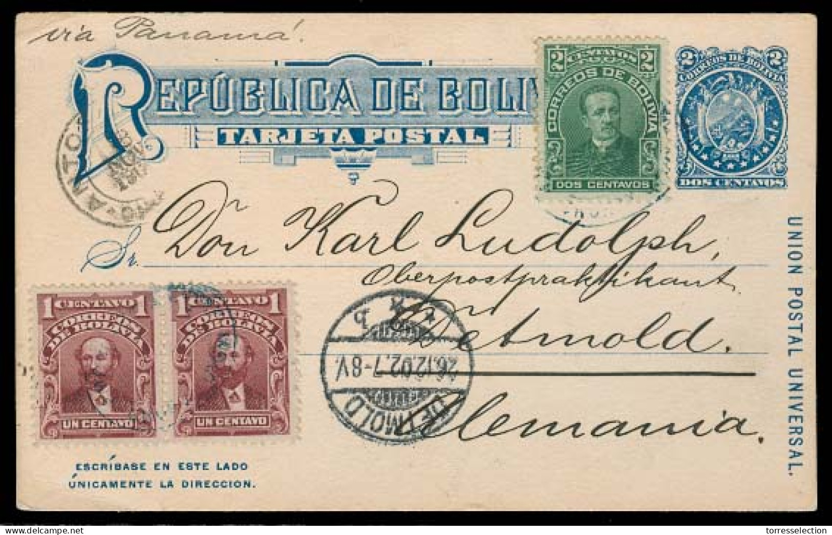 BOLIVIA. 1902. Oruro - Germany. Stat Card + Adtls. VF. - Bolivie