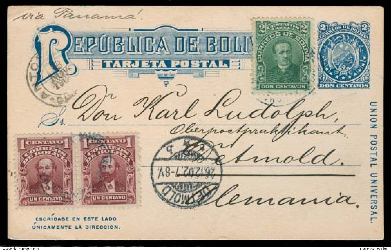 BOLIVIA. 1902. Oruro - Germany. Stat Card + Adtls. VF. - Bolivien