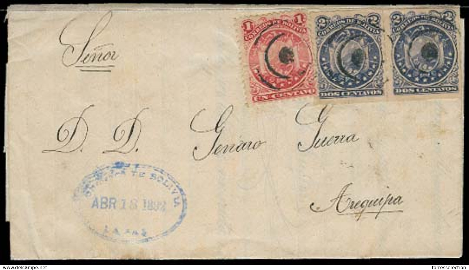 BOLIVIA. 1892. La Paz - PERU / Arequipa. EL Fkd 1c + Perf + 2cx2 Perces. Mixed Usages. F-VF. - Bolivien