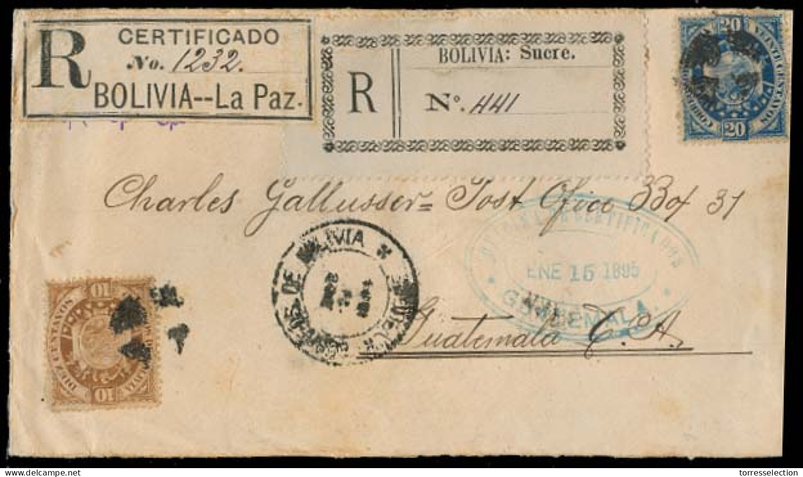 BOLIVIA. 1894 (24 Dec). La Paz - Guatemala (1895 Jan 15). Registered Env Fkd 10c + 20c, Two Labels + Arrival On Front. V - Bolivie