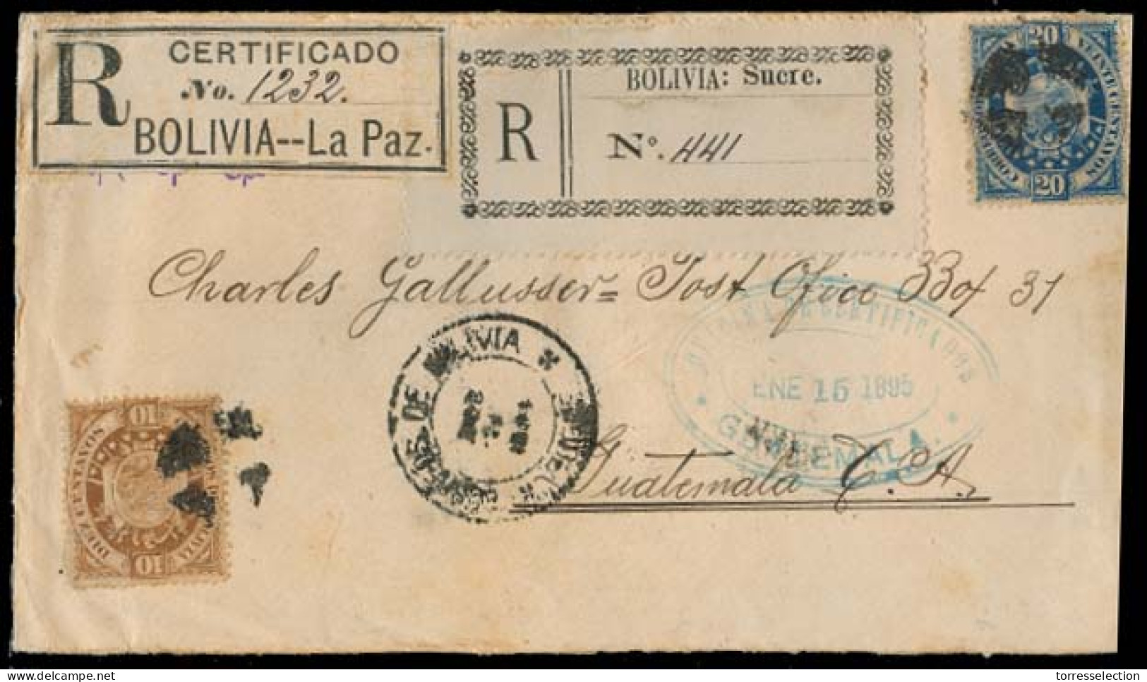 BOLIVIA. 1894 (24 Dec). La Paz - Guatemala (1895 Jan 15). Registered Env Fkd 10c + 20c, Two Labels + Arrival On Front. V - Bolivien