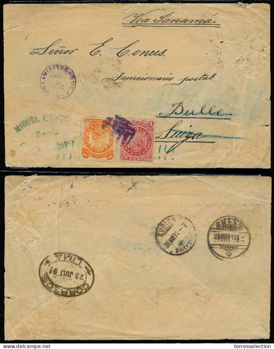 BOLIVIA. 1891. Cochabamba - Switzerland. 11 Stars 1c Rouleted + 10c Perf Sied Violet Cork + Cds. Scarce Comb Fkg. Via Li - Bolivien