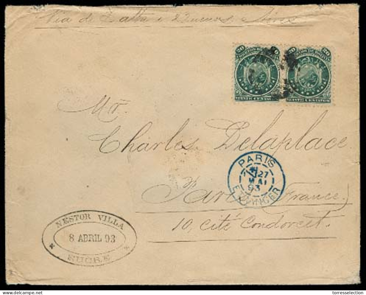 BOLIVIA. 1893. Sucre - France. Env Fkd 20c Green Pair 9 Stars Perf 12, Cork Cancel + Blue Arrival Cds. Via Bs As. F- VF. - Bolivien