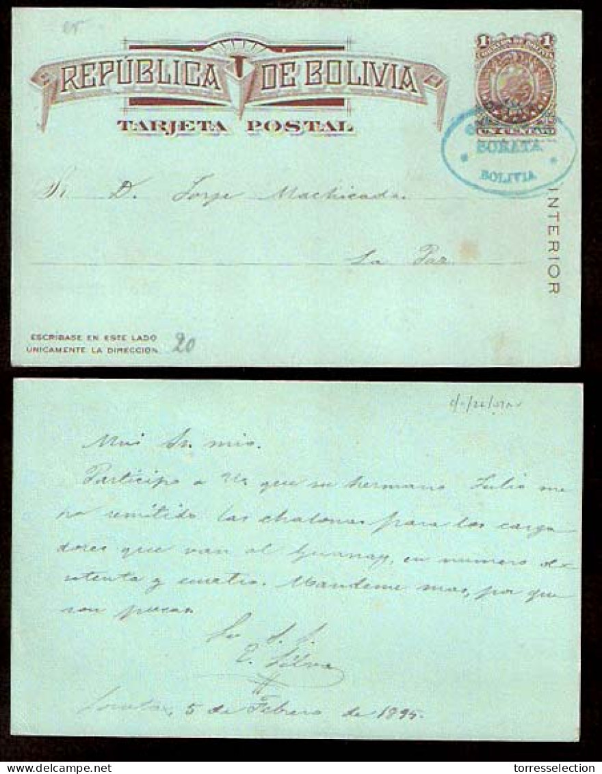 BOLIVIA. 1895. Sorata - La Paz. 1c Stat Card / Oval Blue Cachet. VF. - Bolivie