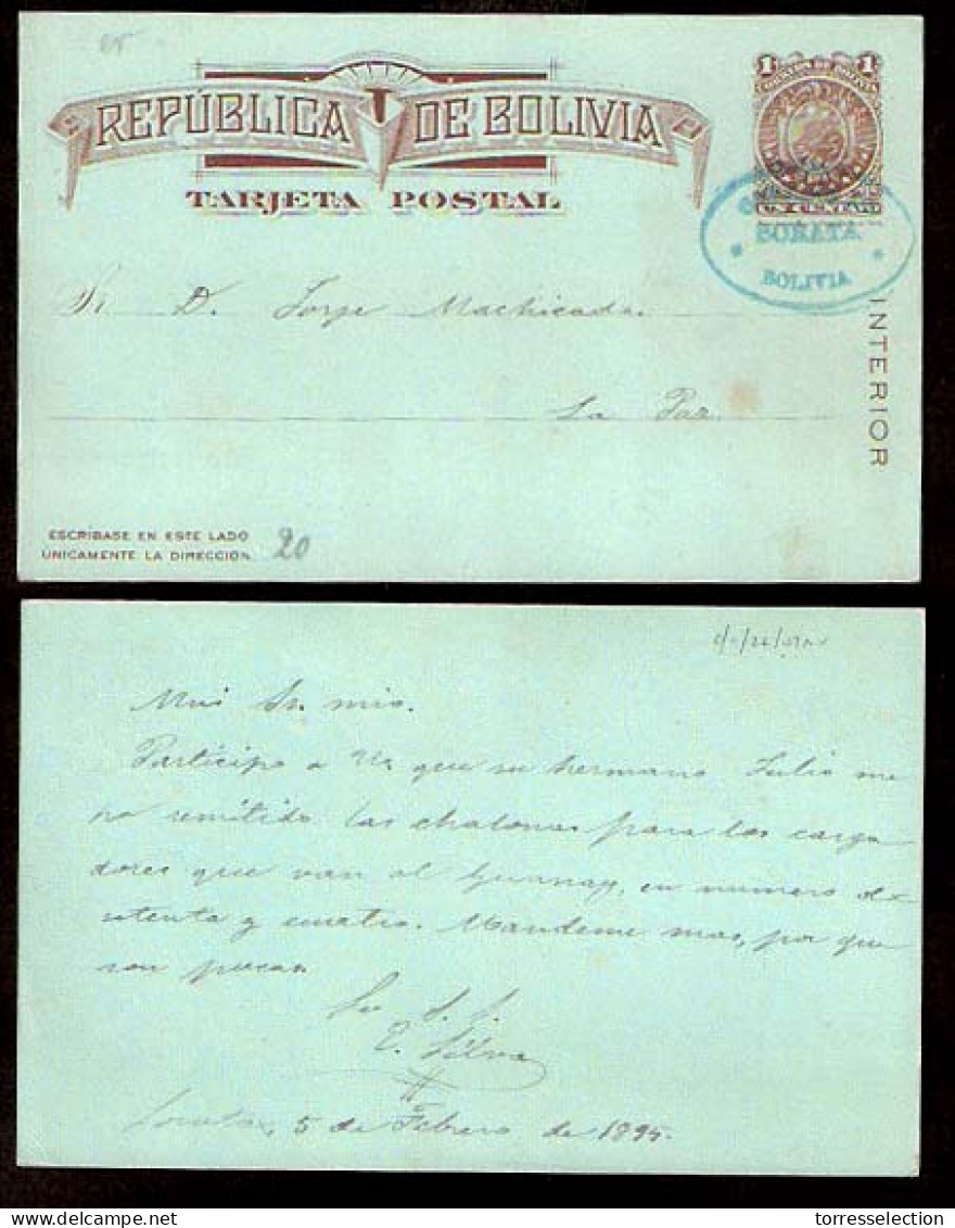 BOLIVIA. 1895. Sorata - La Paz. 1c Stat Card / Oval Blue Cachet. VF. - Bolivien