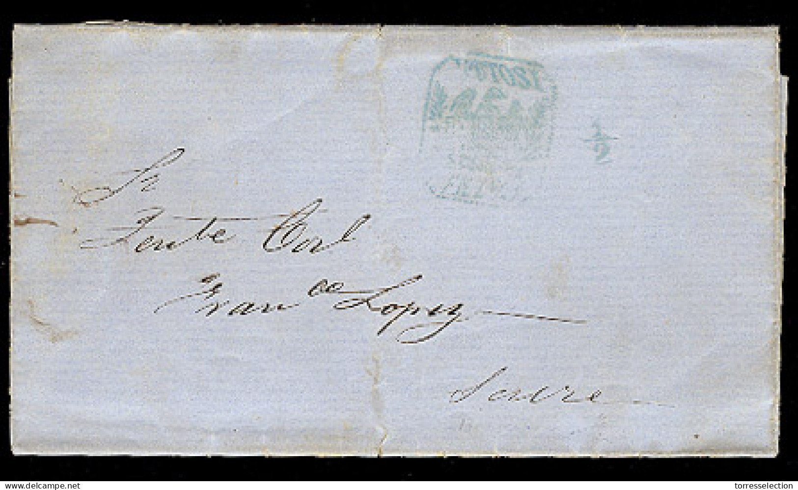 BOLIVIA. 1859. Potosi - Sucre. EL / Blue - Green "Potosi / Franca" Eagle Box + "1/2". - Bolivie