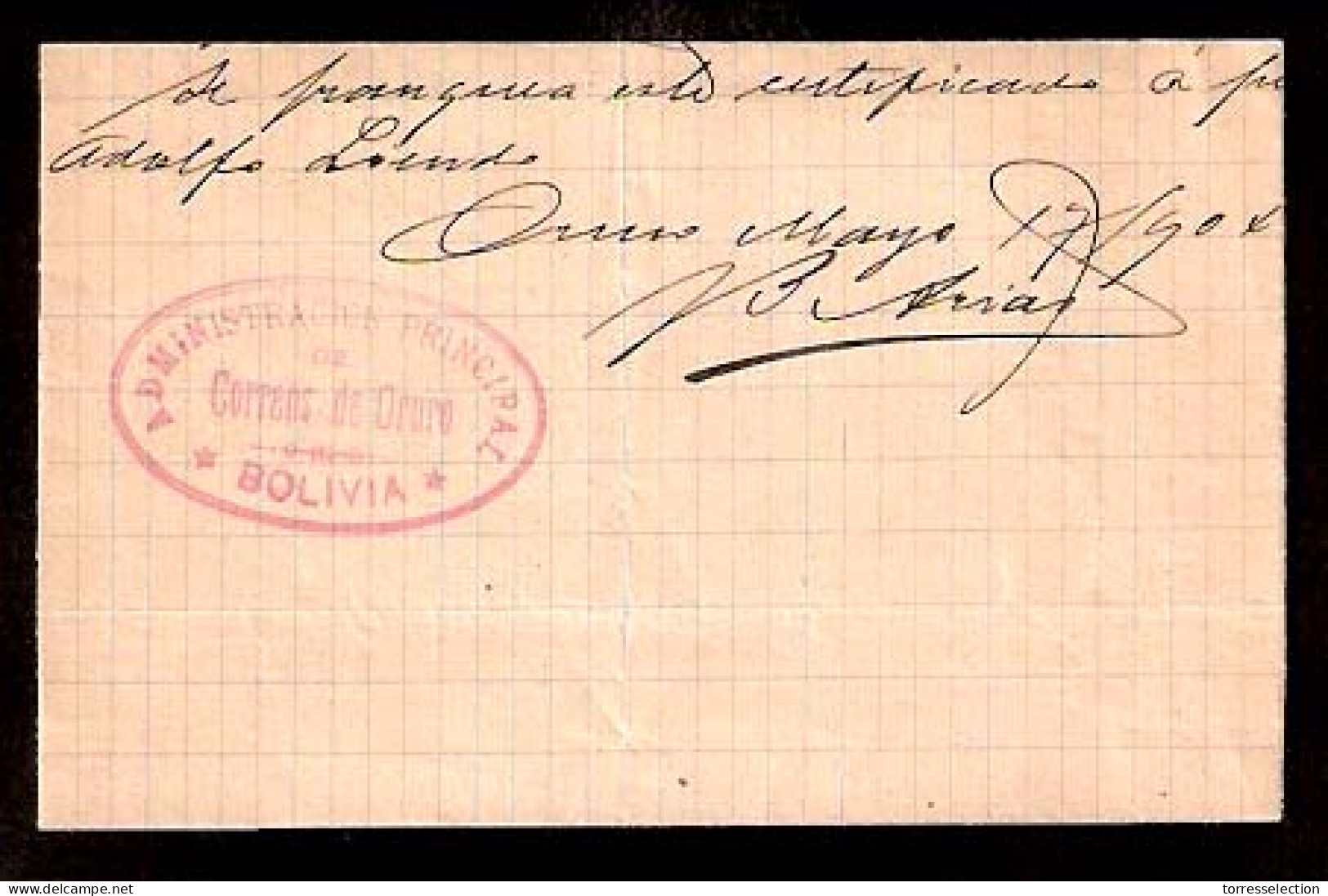 BOLIVIA. 1904. Oruro Postal Receipt. Red Oval Post Mark. - Bolivie