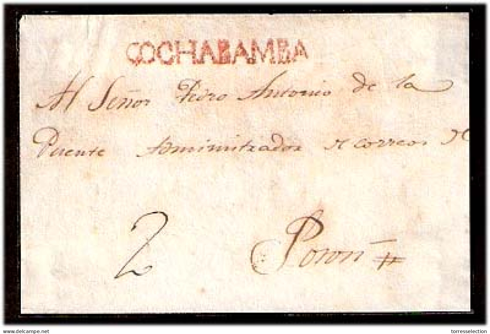 BOLIVIA. C.1820. Cochabamba - Potosi. Likely Colonial Period / Front With Red "COCHABAMBA "(xxx) + 2". VF. - Bolivia