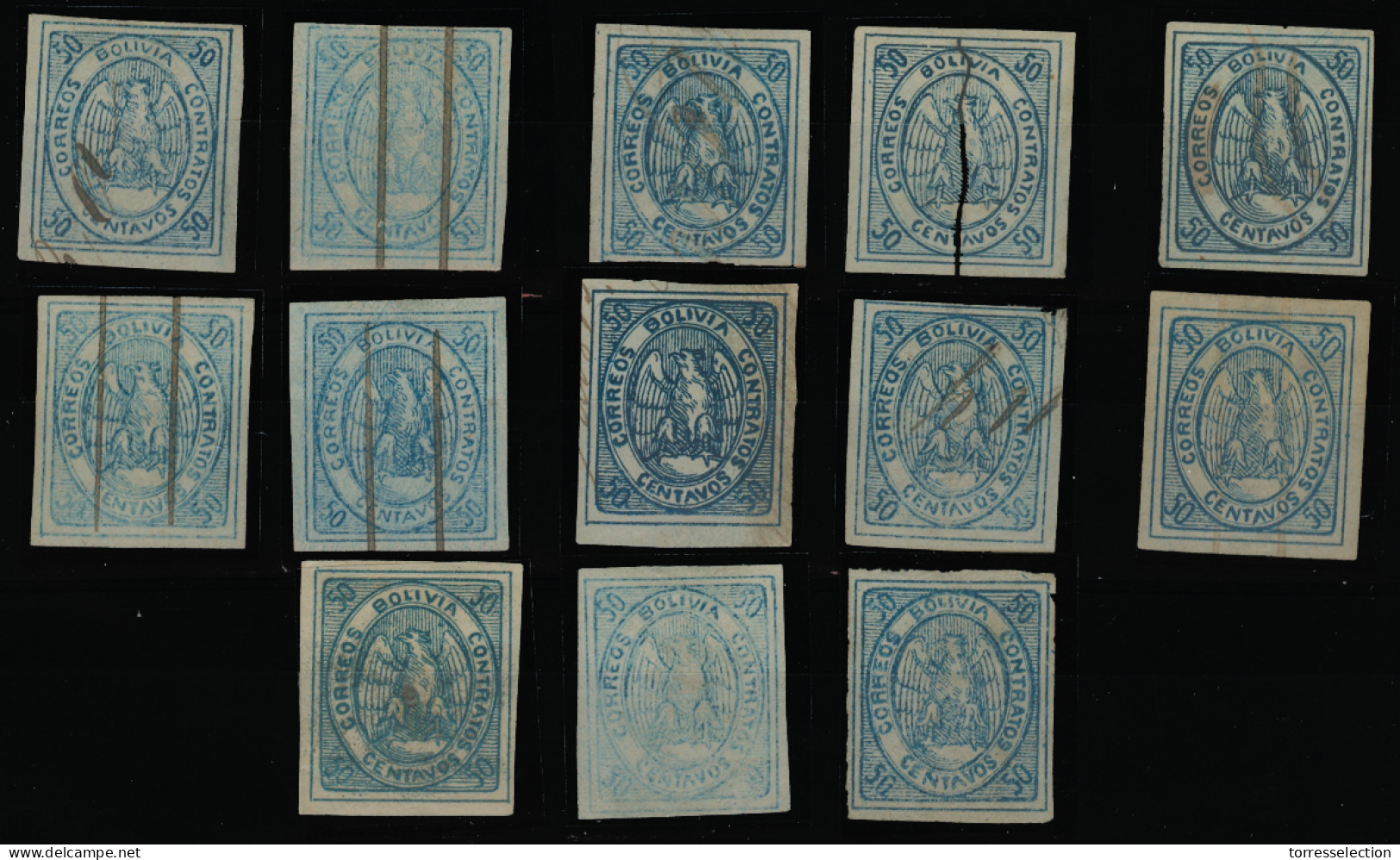 BOLIVIA. 1867-8. Yv 6*/º (13). 3 Are Mint, 10 Are Pen-cancelled. 3150 Euros. Yv 05. Mostly Fine. - Bolivie