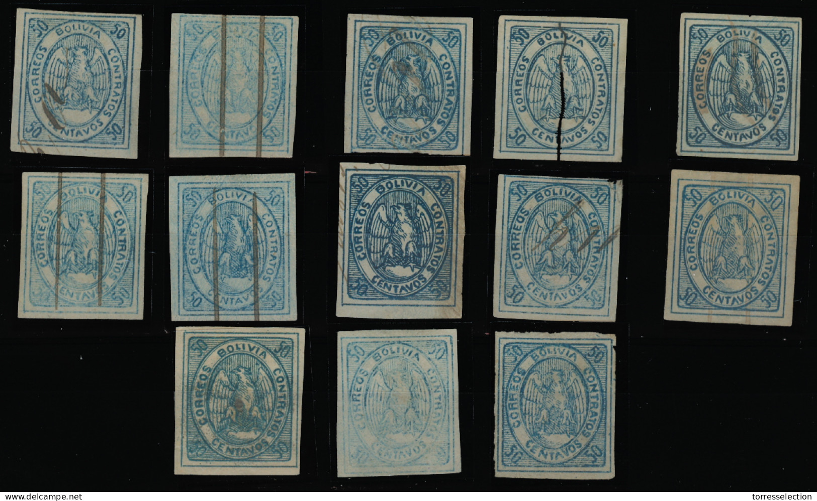 BOLIVIA. 1867-8. Yv 6*/º (13). 3 Are Mint, 10 Are Pen-cancelled. 3150 Euros. Yv 05. Mostly Fine. - Bolivien