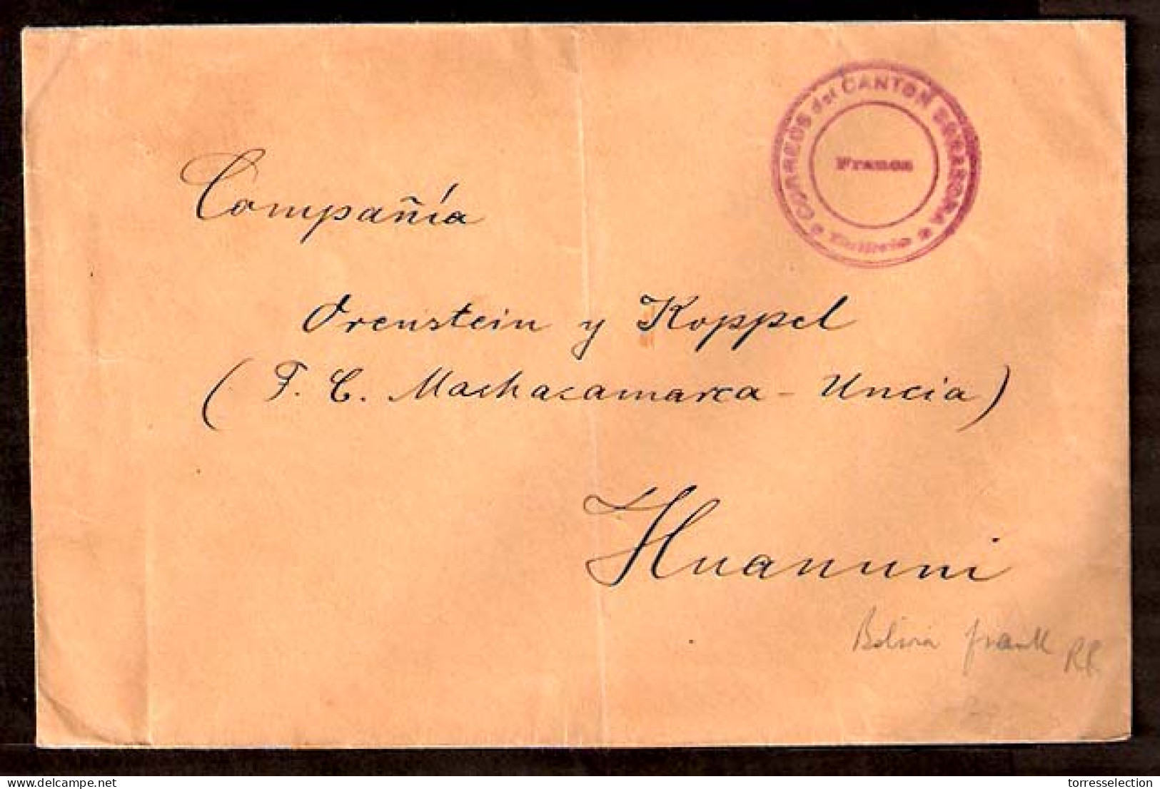 BOLIVIA. C.1920's. Sorasora - Huanuni. Unfkd Env / Violet Cachet "Correos / Canton / Franca / Sorasora / Bolivia" (xxx). - Bolivie