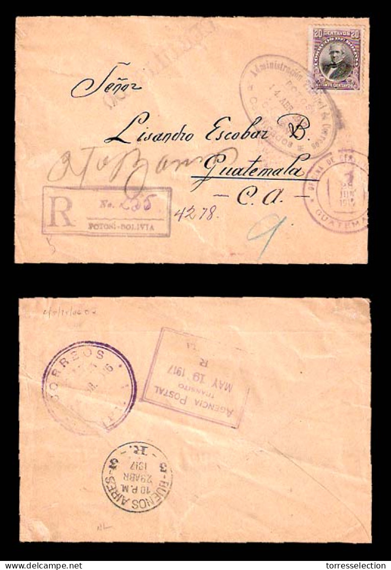 BOLIVIA. 1917. Potosi / Guatemala. Registered Frkd. Env. - Via Tupiza. Bs. Aires,  Etc…Scarce Dest. - Bolivia