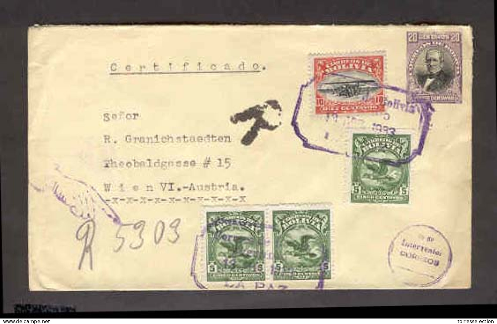 BOLIVIA. 1933. La Paz / Austria. Multicolor Registered 20c. Stat Env. Special Pmk. "Intervenido/ Correos". - Bolivie