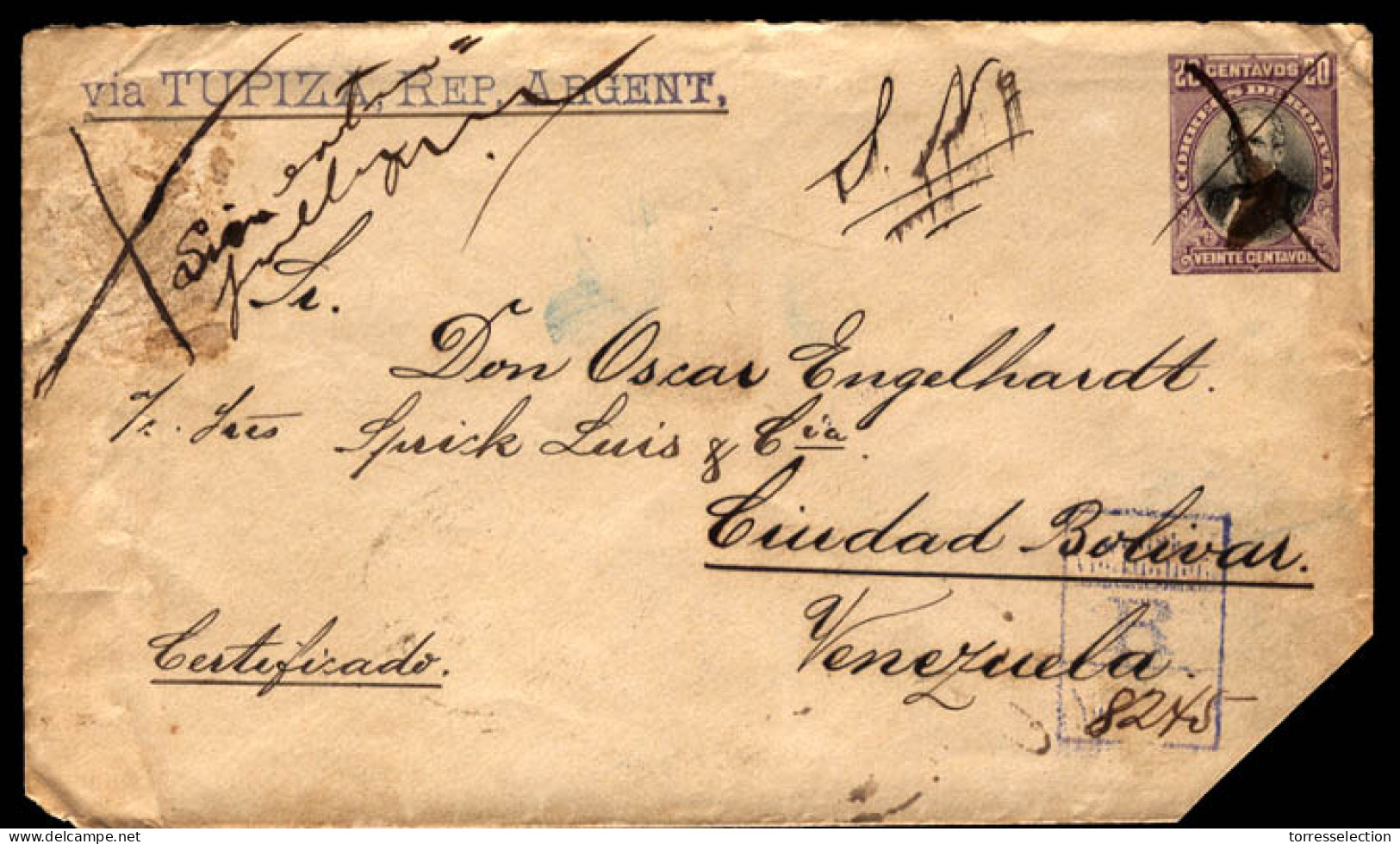 BOLIVIA. 1902. Cochabamba To Ciudad Bolivar/Venezuela. 20c Lilac/grey Stationery Envelope. Sent Registered As Printed Ma - Bolivie