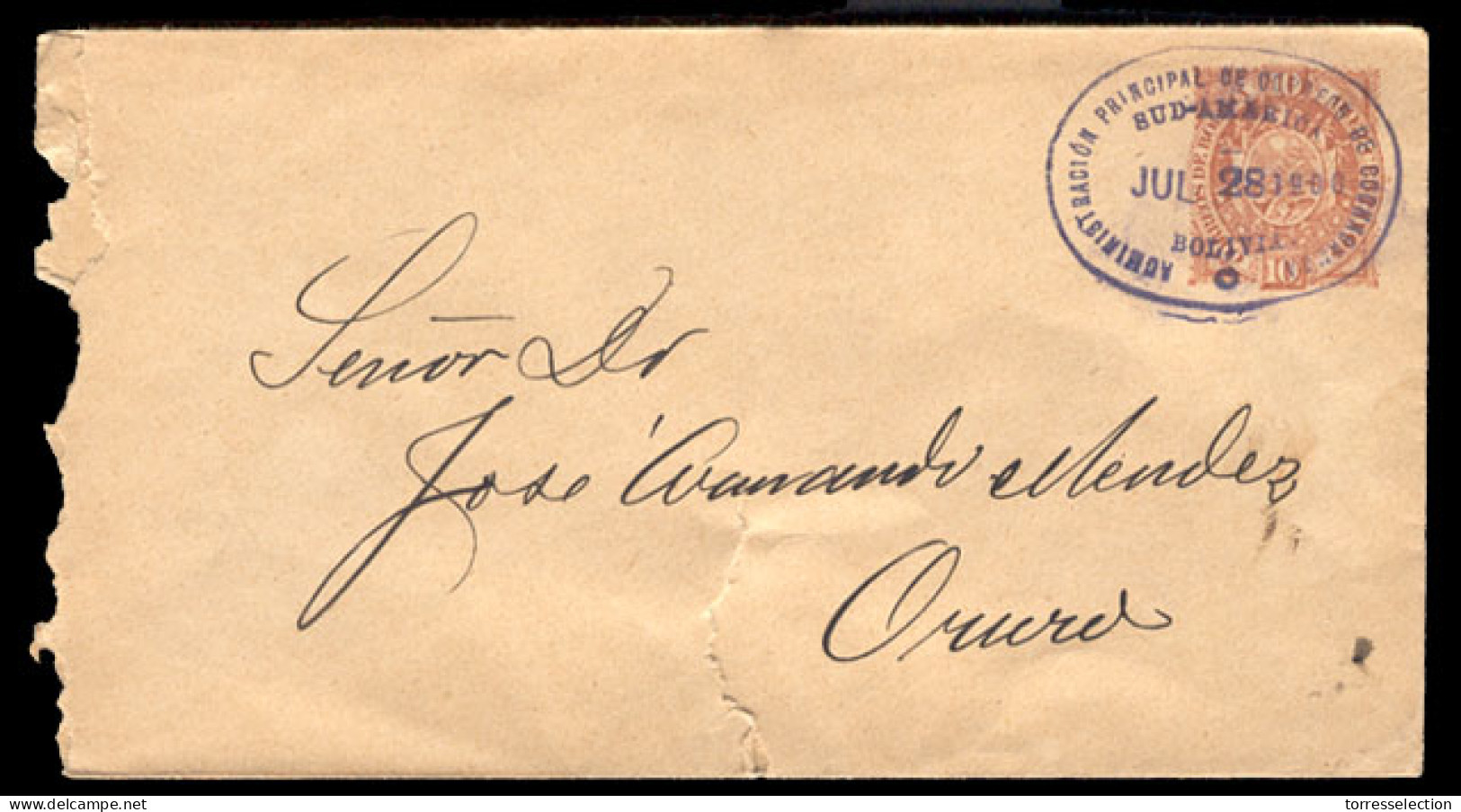 BOLIVIA. 1900. Cochabamba To Oruro. 10c Stationery Envelope. Roughly Opened. With Oval Violet Cachet "Admon.Pral. De Cor - Bolivie