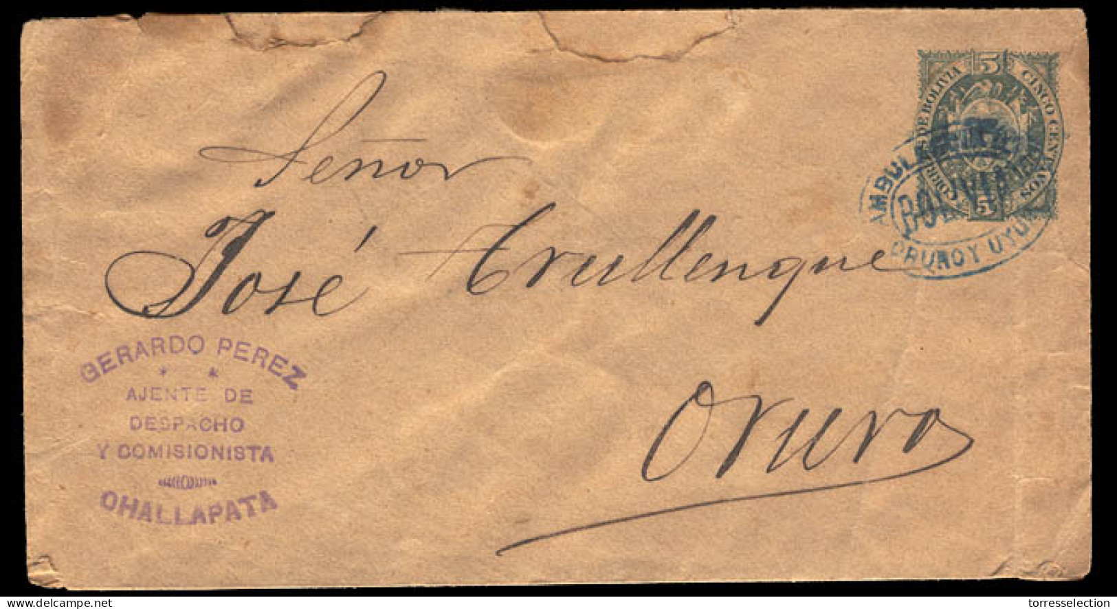 BOLIVIA. C.1890. Challapata To Oruro. 5c Green Stationery Envelope With Blue Oval "Ambulancia/Oruro Y Uyuni" (xxx). Very - Bolivie