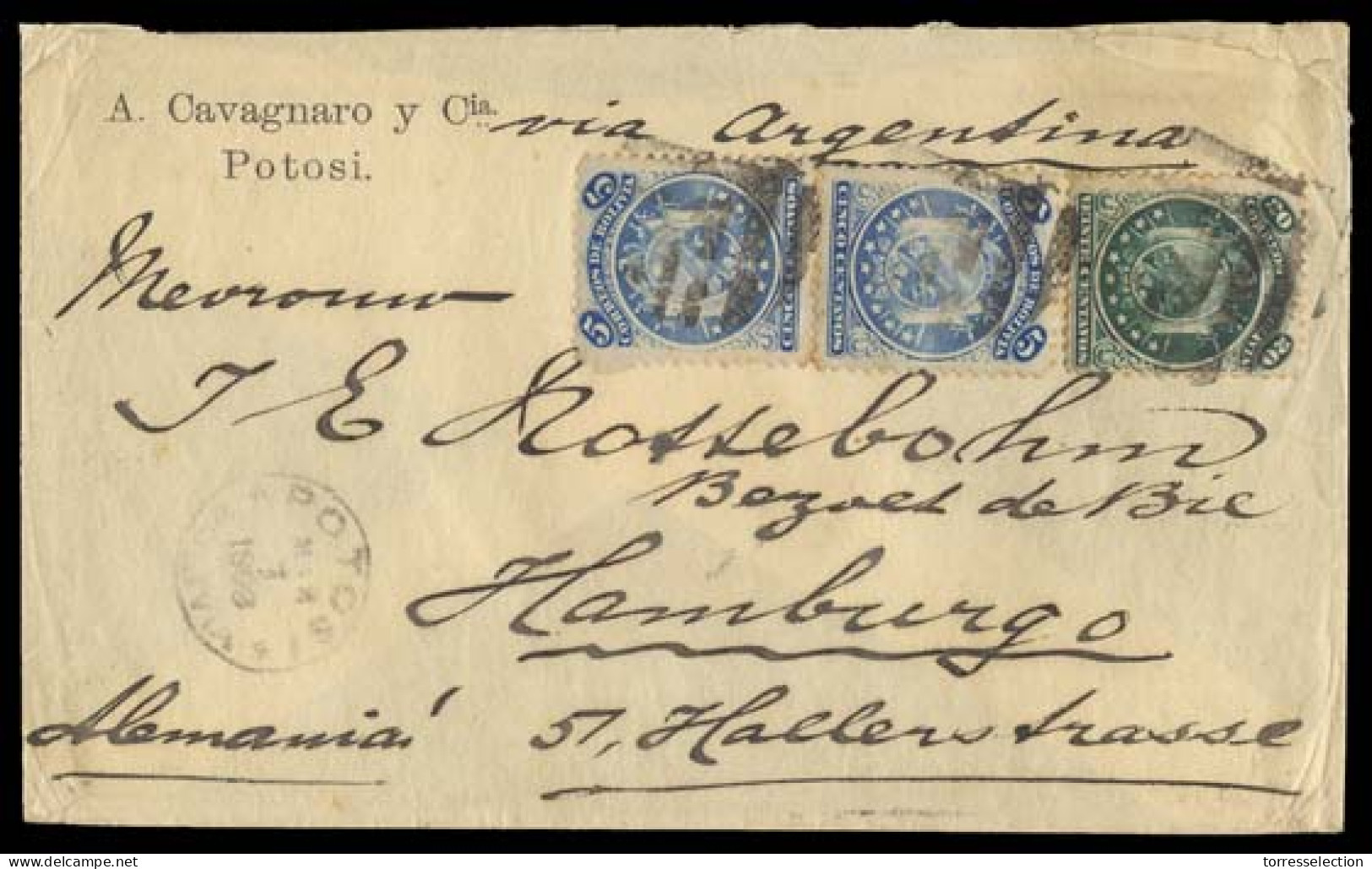 BOLIVIA. 1893. Potosi - Germany. Env Fkd 5c Blue Pair And 20c Green, Both Nine Stars, Perf 12, Tied Cork Cancels, Cds. V - Bolivie