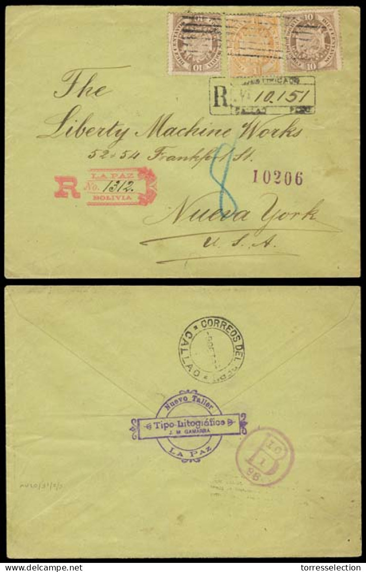 BOLIVIA. 1896. La Paz - USA. Registered Multifrkd Env 21c Rate. Via Callao. VF. - Bolivie