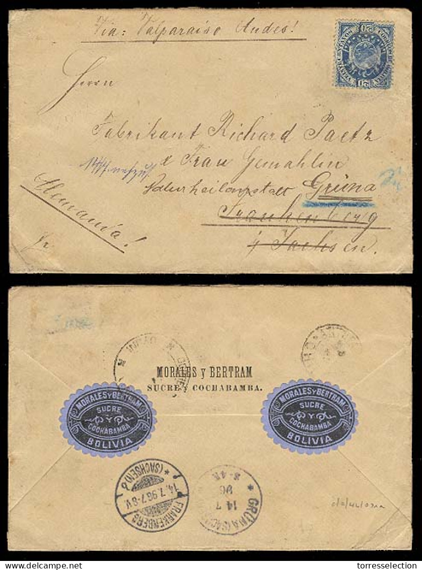 BOLIVIA. 1896. Cochabamba - Germany. Env Fkd 20c Blue / Violet Cachet. Scarce Stamp On Cover. - Bolivie