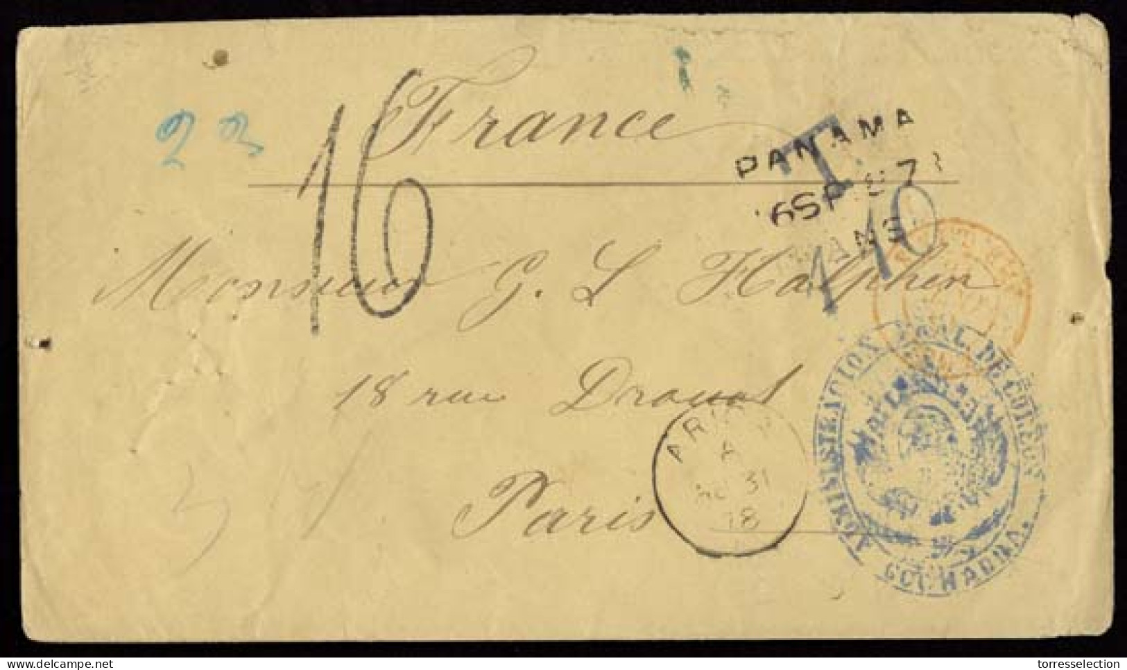 BOLIVIA. 1878. Cochabamba - France. Stampless Env Blue Cachet "Admon. Gral. De Correos / Cochabba." With Seal (xxx/RR),  - Bolivie