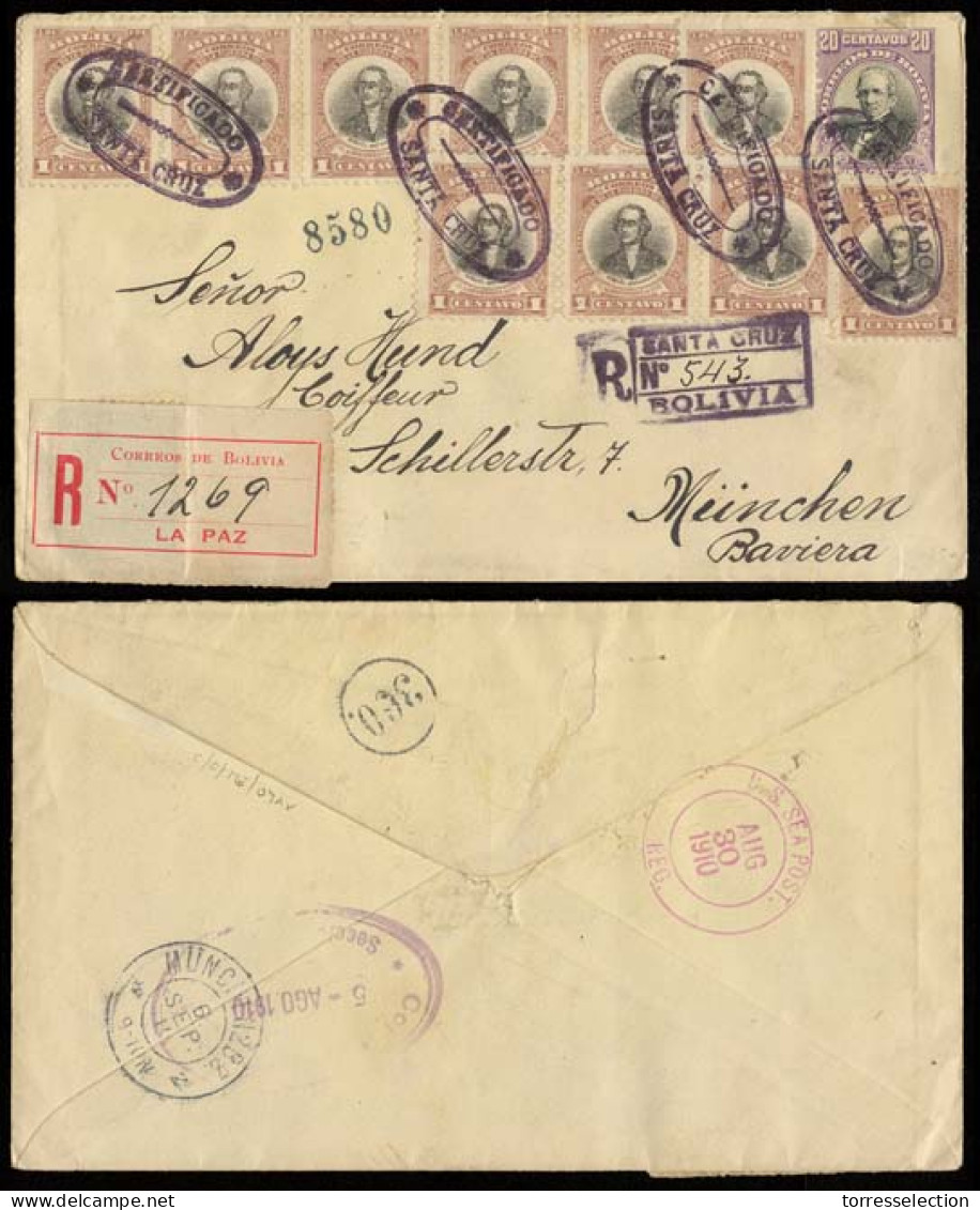 BOLIVIA. 1910. Santa Cruz - Alemania. Registered 20c Stat Env - 10 Adtls, Oval Violet Cachet + Aux Marks + Label. VF, At - Bolivia