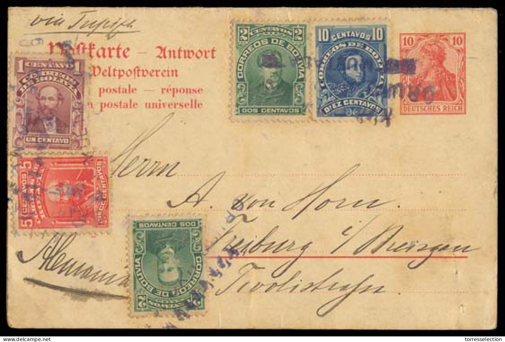 BOLIVIA. 1908. German 10pf + 10 Pf Reply Card Used To Bolivia And Back With Added 1c, 2 X 2c, 5c And 10c Stamps On The R - Bolivie