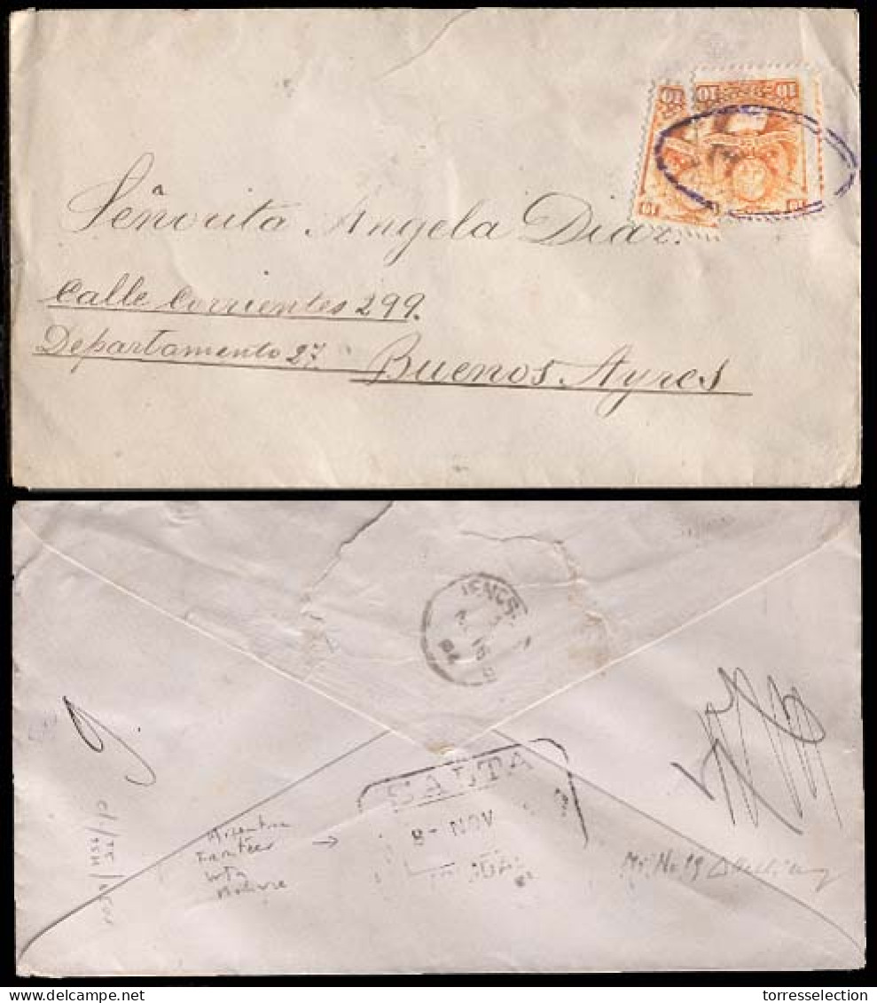 BOLIVIA. 1885 (Nov). Envelope Franked 1878 Issue 10c.orange Single + BISECT ( Sc.21º X2), Tied Oval Lilac. Cachet. Via S - Bolivia
