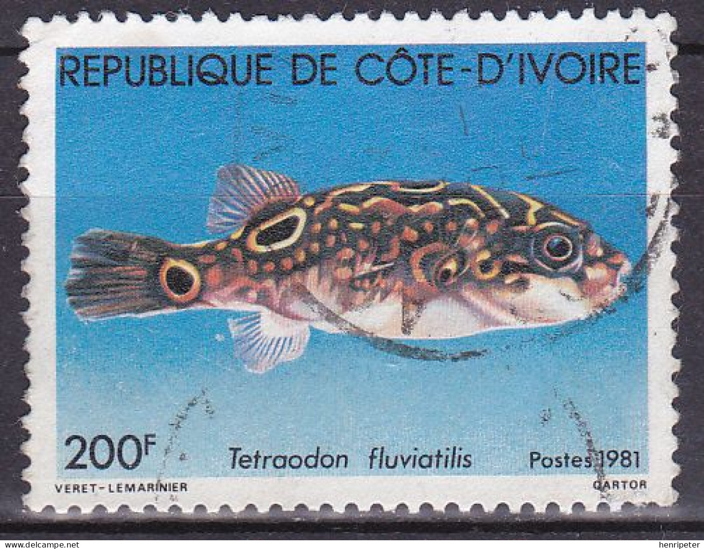 Timbre-poste Dentelé Oblitéré - Faune Marine Poissons Tetraodon Fluviatilis Poisson Gonfleur - N° 568 (Yvert) - RCI 1981 - Côte D'Ivoire (1960-...)