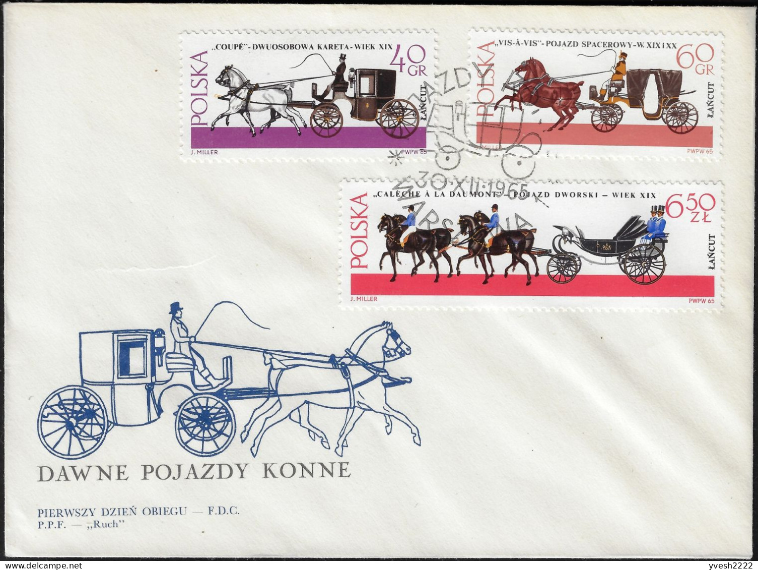 Pologne 1965 Y&T 1495 à 1503 Sur 3 FDC. Anciens Véhicules à Chevaux - Postkoetsen