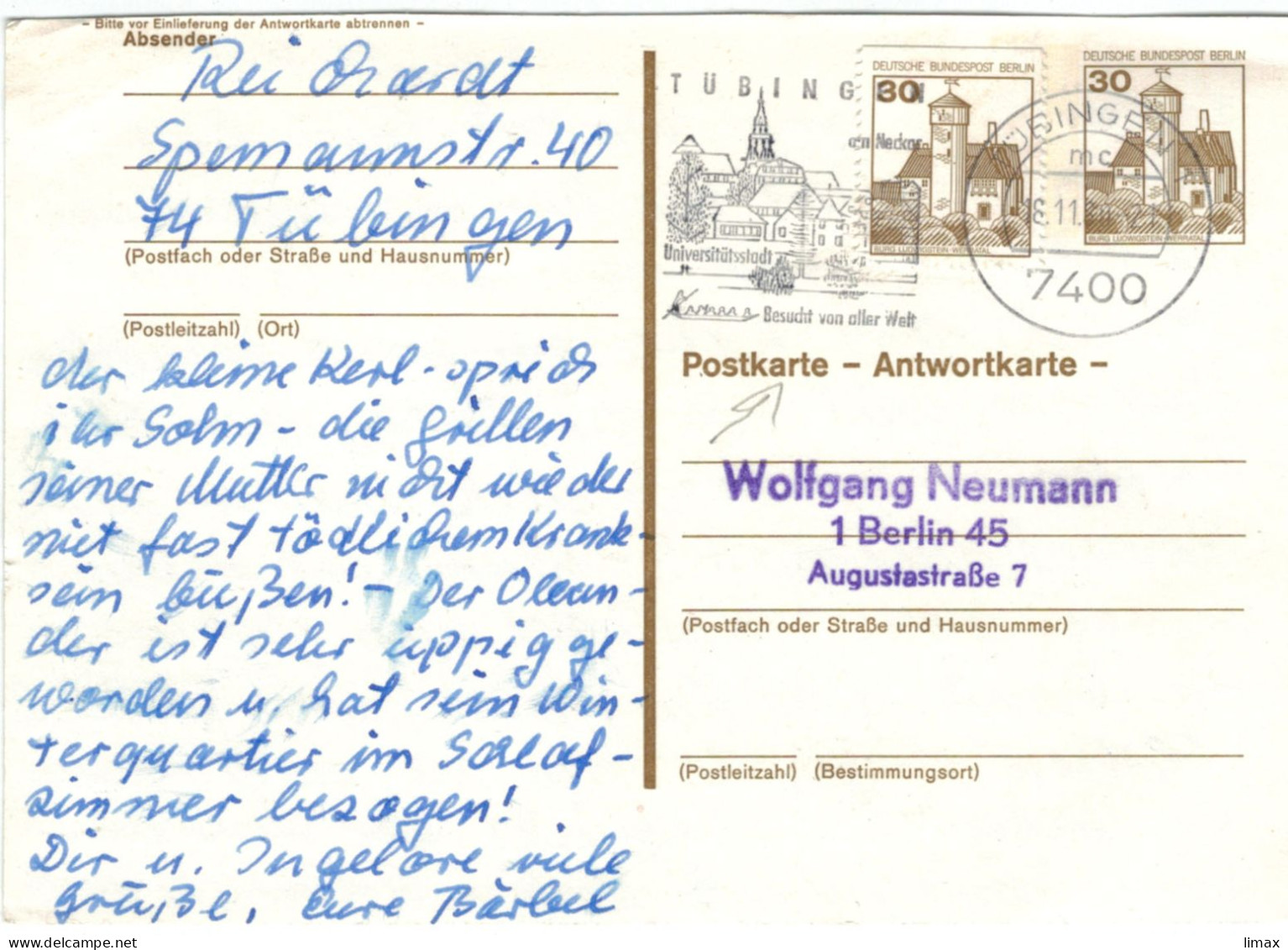 Ganzsache Burg Ludwigstein Werratal - Universitätsstadt 7400 Tübingen Am Neckar 1980 - Zufrankierung Antwortkarte - Postkarten - Gebraucht