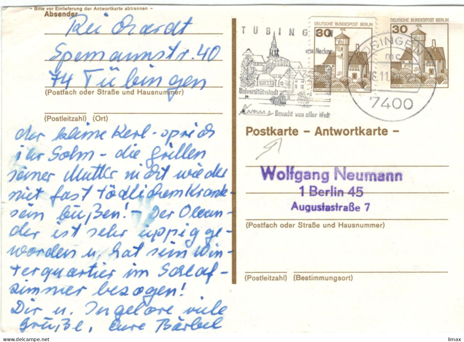 Ganzsache Burg Ludwigstein Werratal - Universitätsstadt 7400 Tübingen Am Neckar 1980 - Zufrankierung Antwortkarte - Postcards - Used