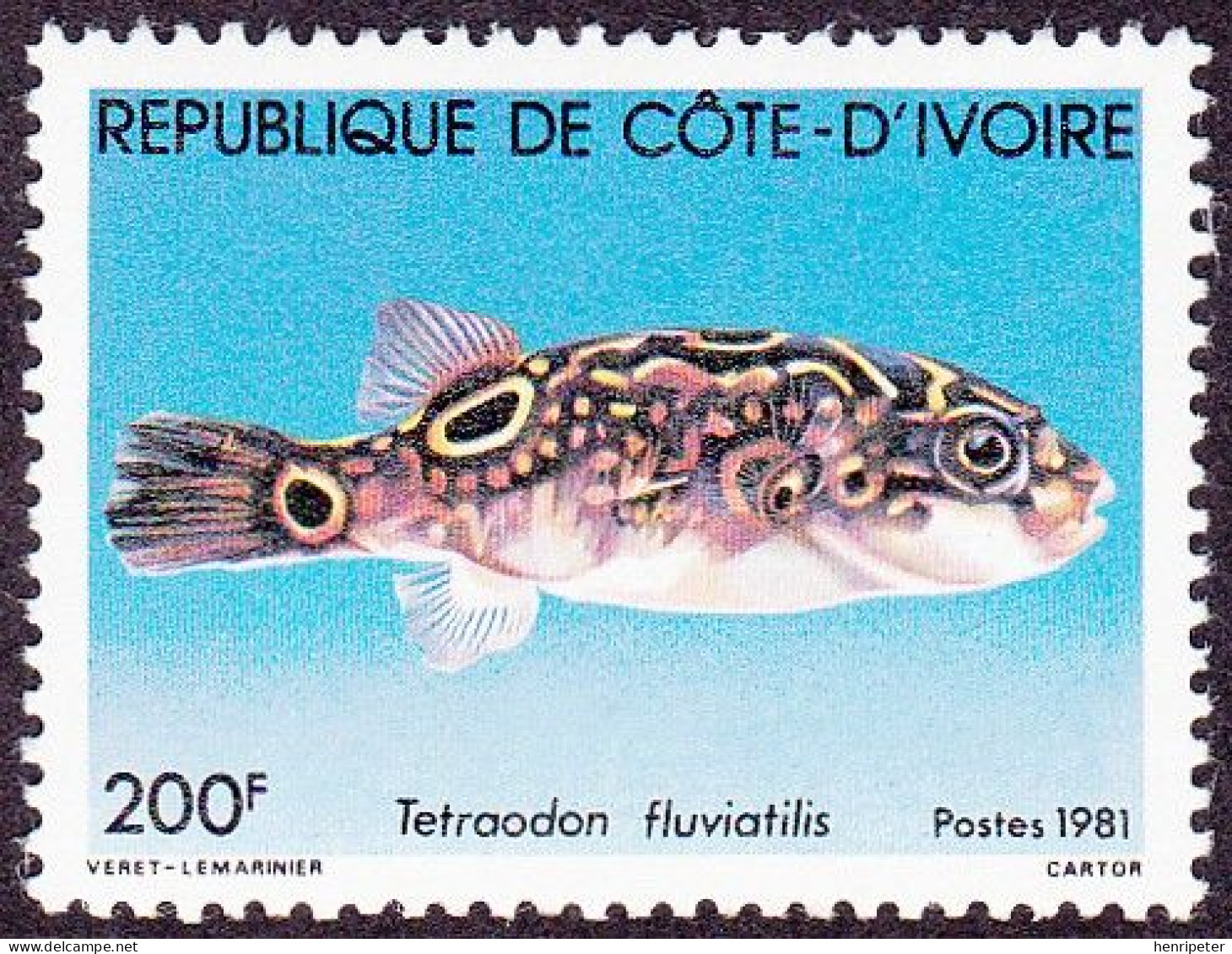 T.-P. Gommé Dentelé Neuf** - Faune Marine Poissons Tetraodon Fluviatilis Poisson Gonfleur - N° 568 (Yvert) - RCI 1981 - Côte D'Ivoire (1960-...)