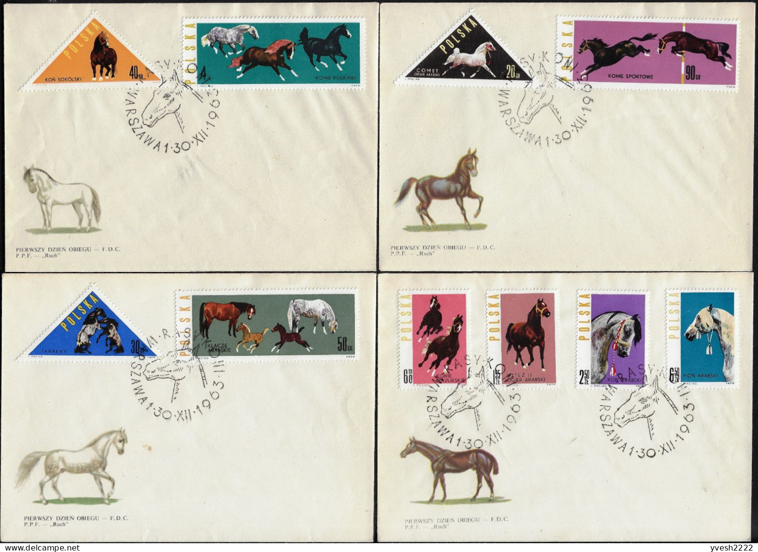 Pologne 1963 Y&T 1312 à 1321 Sur 4 FDC. Races De Chevaux - Kutschen