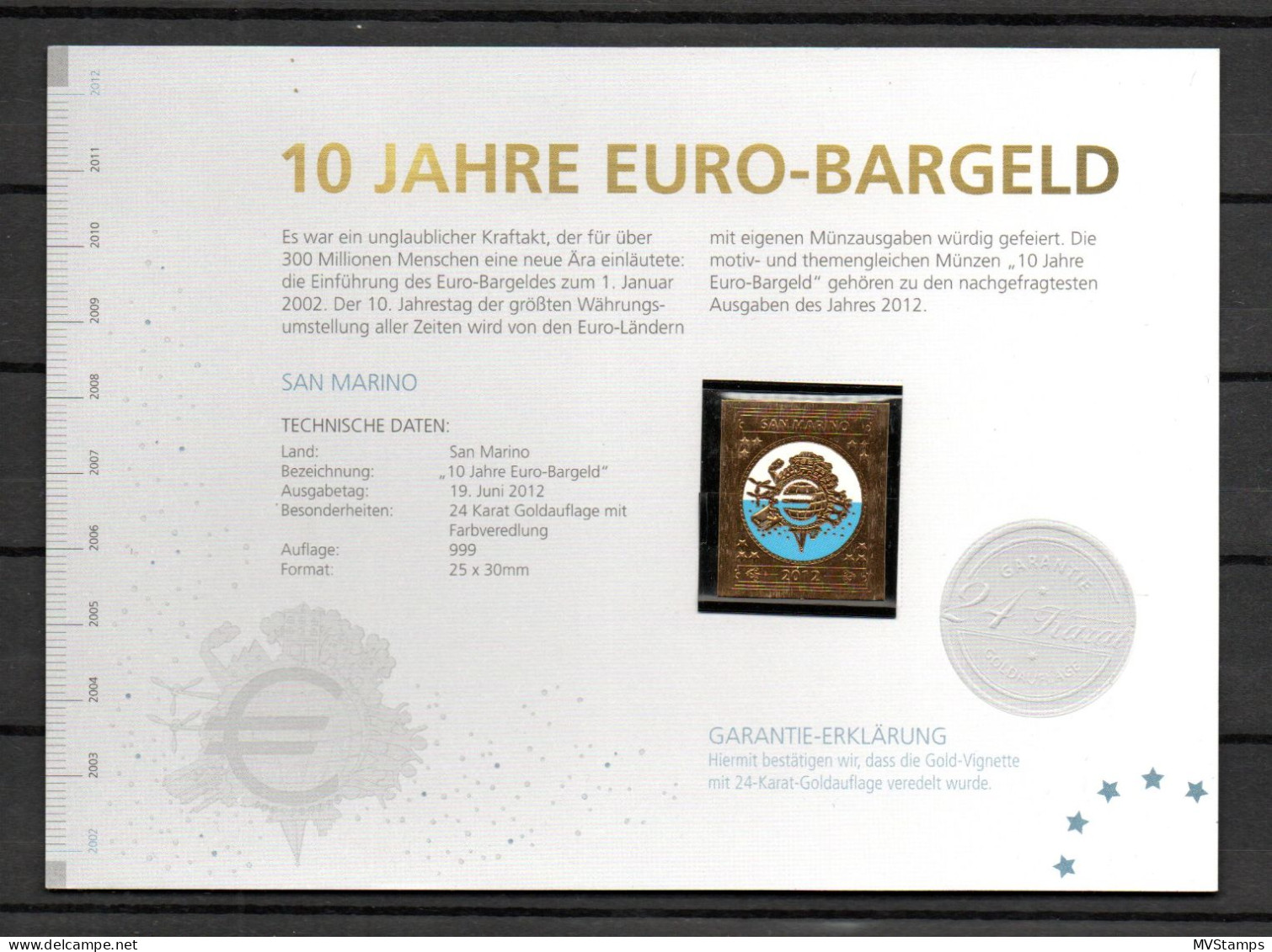 San Marino 2012 Euro/Goldvignette (24 Karat) Auflage 999 Pieces Nice MNH - Unused Stamps
