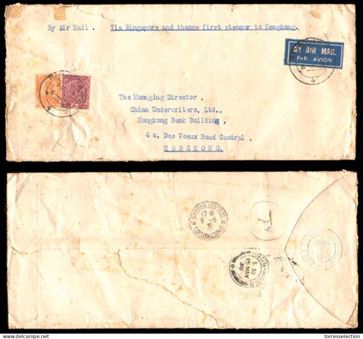 BURMA. 1933 (3 May). BURMA-INDIA-INDOCHINA-HONG KONG - SINGAPORE. Rangoon To Hong Kong (15 May). Arrival Franked Envelop - Birmanie (...-1947)