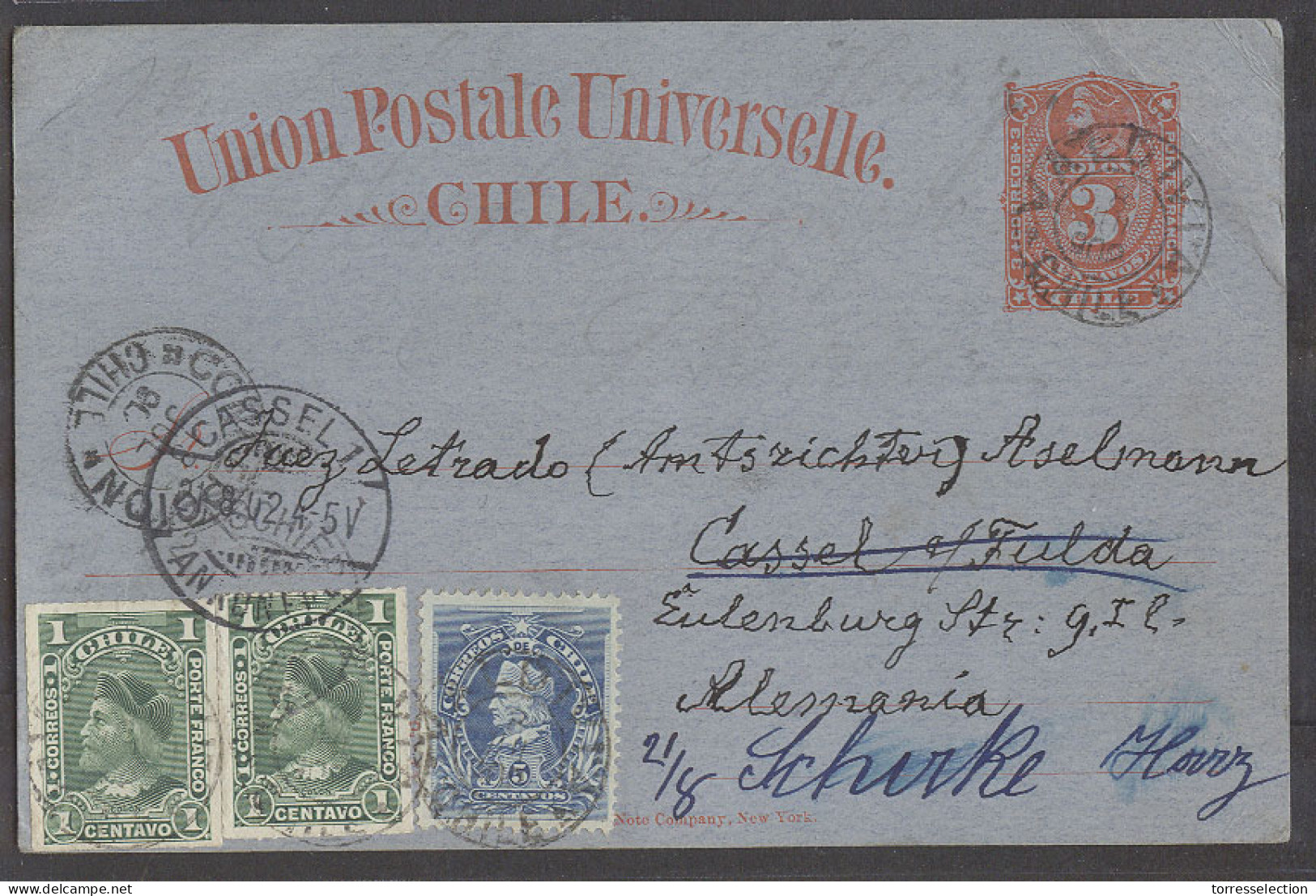 CHILE - Stationery. 1902 (8 July). Val - Germany (31 Ago). 3c Red Blue Stat Card 3 Adtls Diff Issues Comb. VF Via Concep - Chile