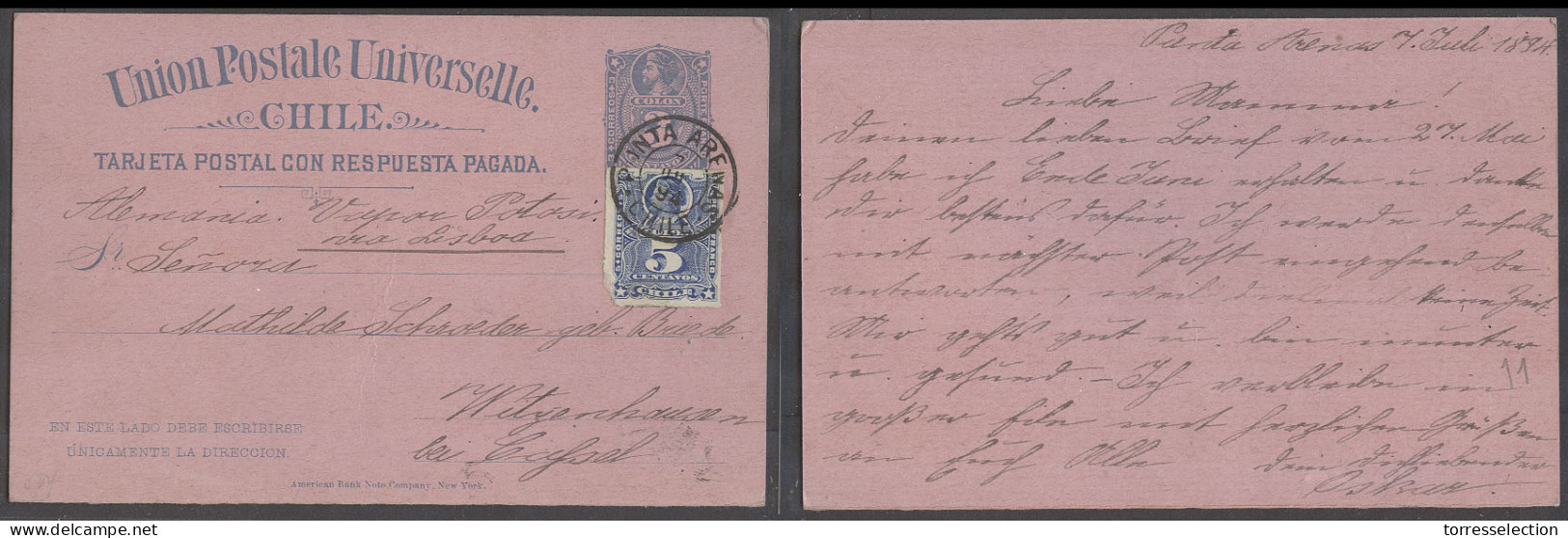 CHILE - Stationery. 1894 (7 July). Punta Arenas - Germany, Witzenhausen. 3c Blue Pink Stat Card 5c Adtl Cds Vapor Potosi - Chile