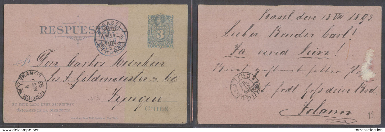 CHILE - Stationery. 1893 (13 Aug). REPLY HALF Stat Card. Switzerland Basel - Iquique (25 Sept). 3c Blue Pink Reply Half  - Chile