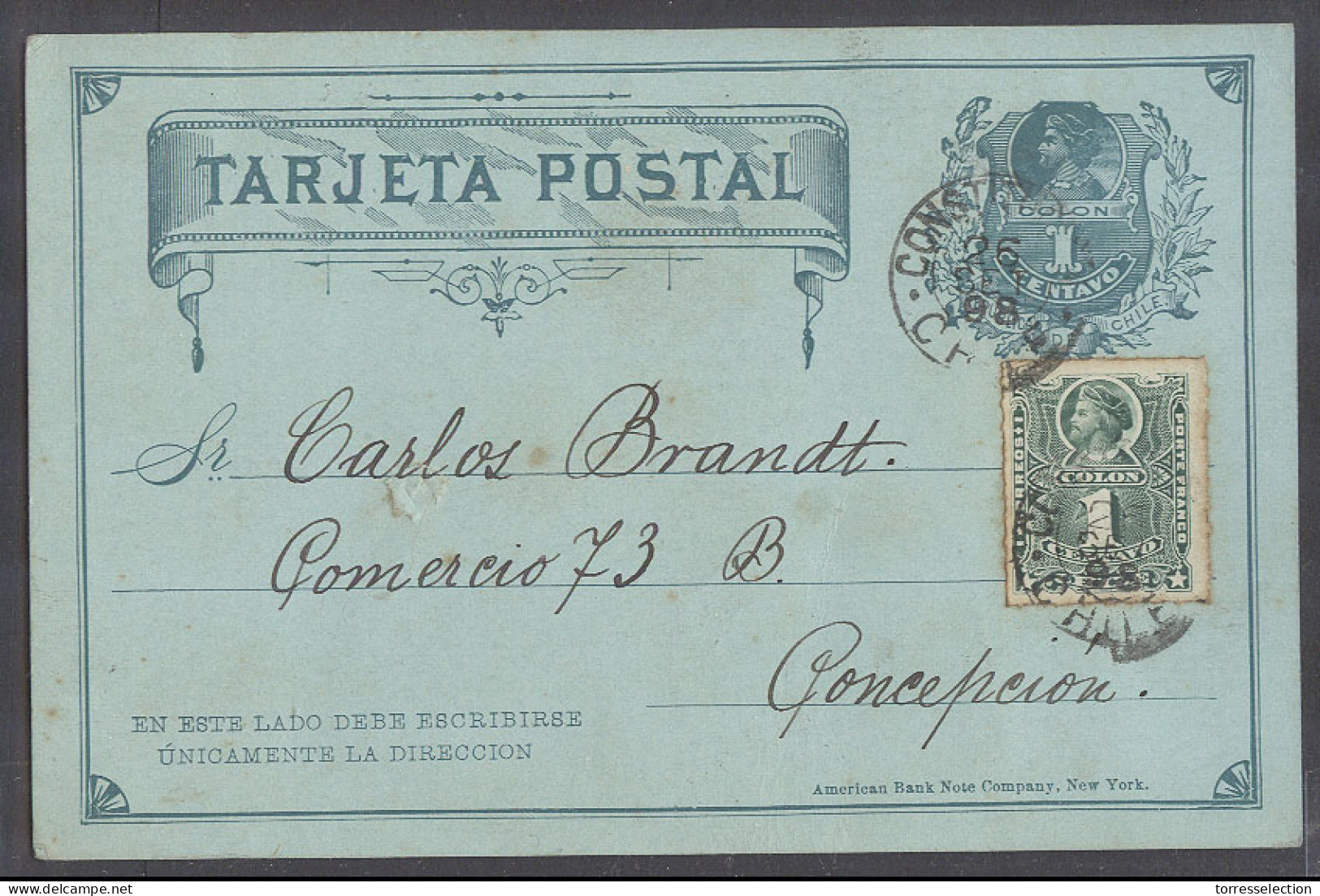 CHILE - Stationery. 1898 (25 Sept). Constitucion - Conceptcion (28 Sept). 1c Green Stat Card 1c Adtl. Fine Used. - Chile