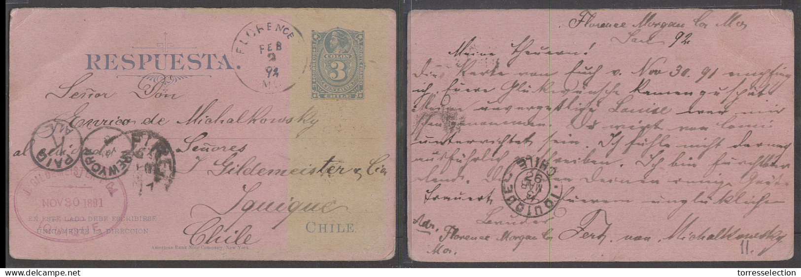 CHILE - Stationery. 1892 (2 Feb). USA Florence Morgan County, Missouri - Iquique (13 Mar). REPLY HALF 3c Blue Pink Stat  - Chile